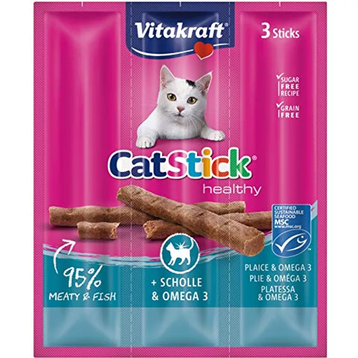 Vitakraft Katzensticks Mini Fisch mit Omega, 10 Stück - Ergänzungsfuttermittel für gesunde Haut und Fell, ohne künstliche Geschmacksverstärker und Zucker