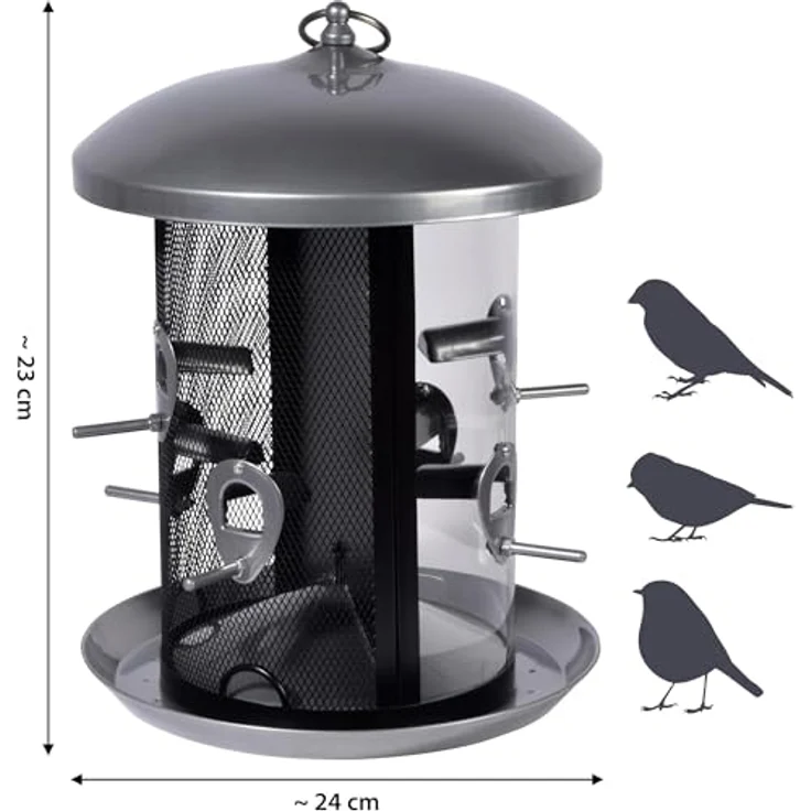 Dobar 19981 Große Futtersäule mit Kammern und Anflugstangen, Wildvogel-Futterstation zum Aufhängen, 24,5 24,5 34,5 cm, Metall, Silber – Bild 3