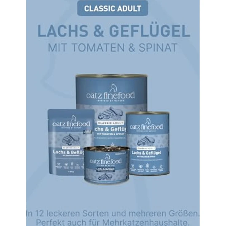 catz finefood N° 5 Lachs & Geflügel Feinkost Katzenfutter nass, 36% Lachs & 35% Geflügel, verfeinert mit Spinat & Tomate, 6 x 800g Dosen – Bild 5