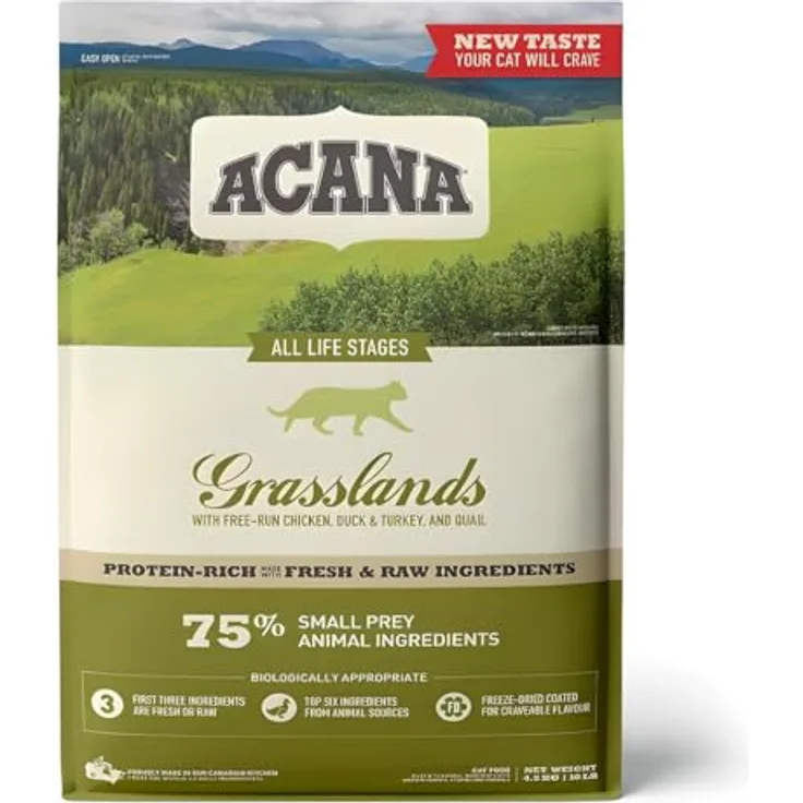 Acana Katzenfutter Grasslands, getreidefreies Trockenfutter für Katzen, 4,5 kg