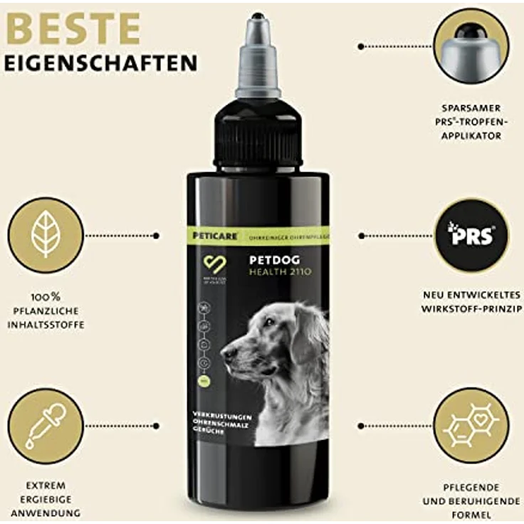 Peticare Ohrenreiniger für Hunde, PRS® System für lange Wirkung, pflanzliche Inhaltsstoffe, sanfte Ohrenschmalz- und Verkrustungsbeseitigung – Bild 4