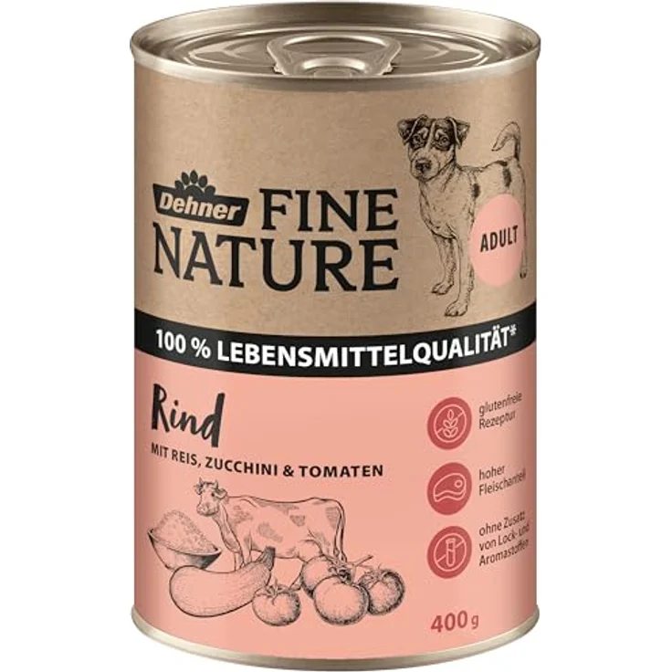 Dehner Fine Nature Hundefutter, Nassfutter in Lebensmittelqualität, Rind mit Reis, Zucchini und Tomaten, 6 x 400 g Dose (2.4 kg) – Bild 2