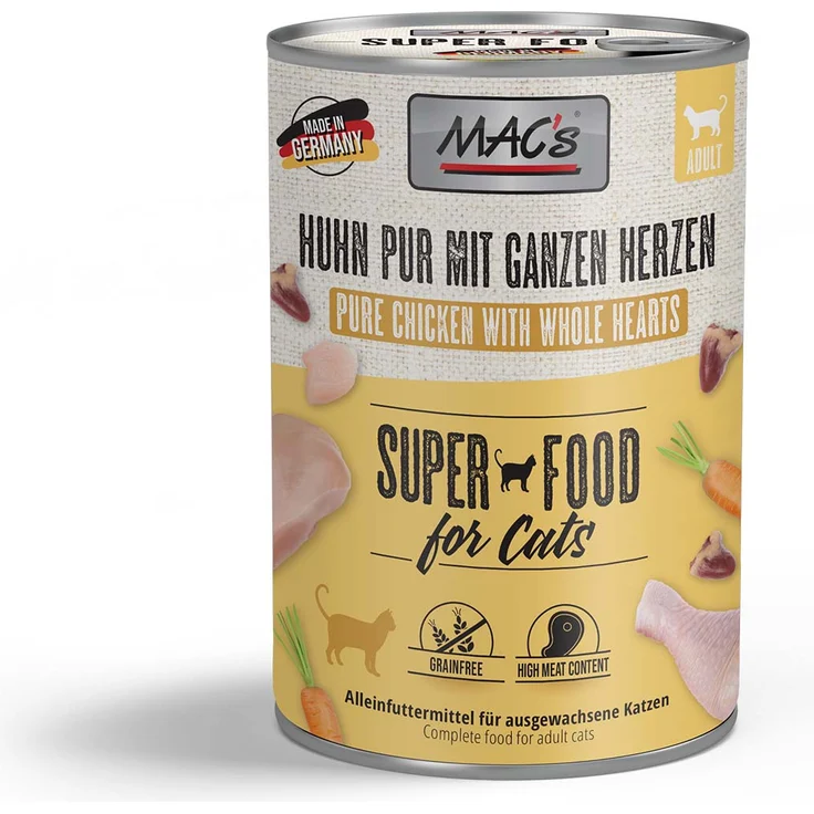 MAC's Cat Fleischmenü Huhn pur, Getreidefreies Katzen-Nassfutter mit ganzen Geflügelherzen, 6x400g