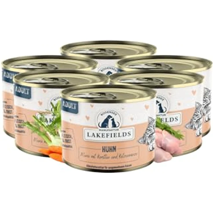 Lakefields Premium Nassfutter für Katzen, Huhn 91% - Getreide- und Zuckerfrei, 6 x 200g, mit Katzenminze, Karotten & Fenchel, Hochwertige Rezeptur aus regionalen Zutaten – Bild 1