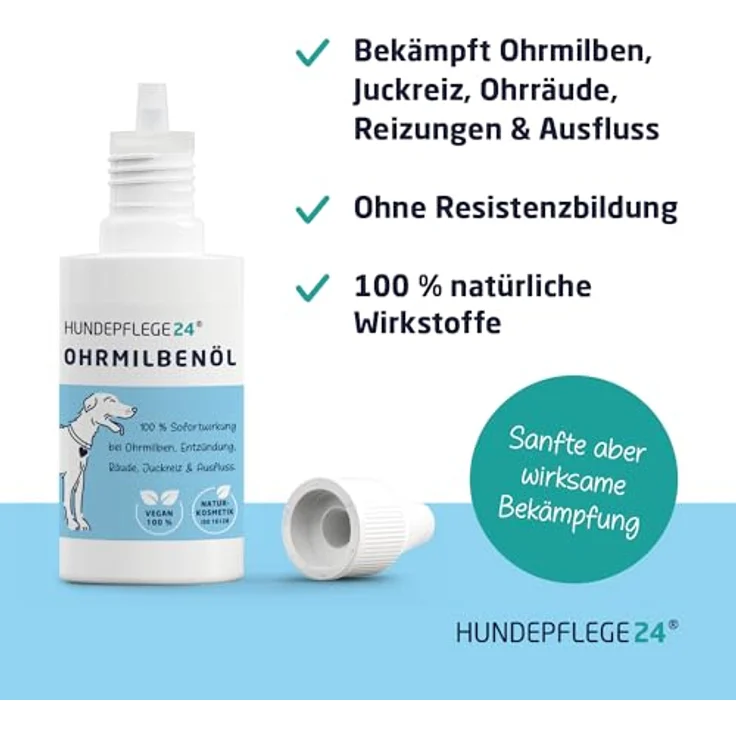 Hundepflege24 Ohrmilbenöl für Hunde, 2 x 50 ml, natürliche Ohrentropfen gegen Ohrmilben, Juckreiz und Ohrenentzündung – Bild 2