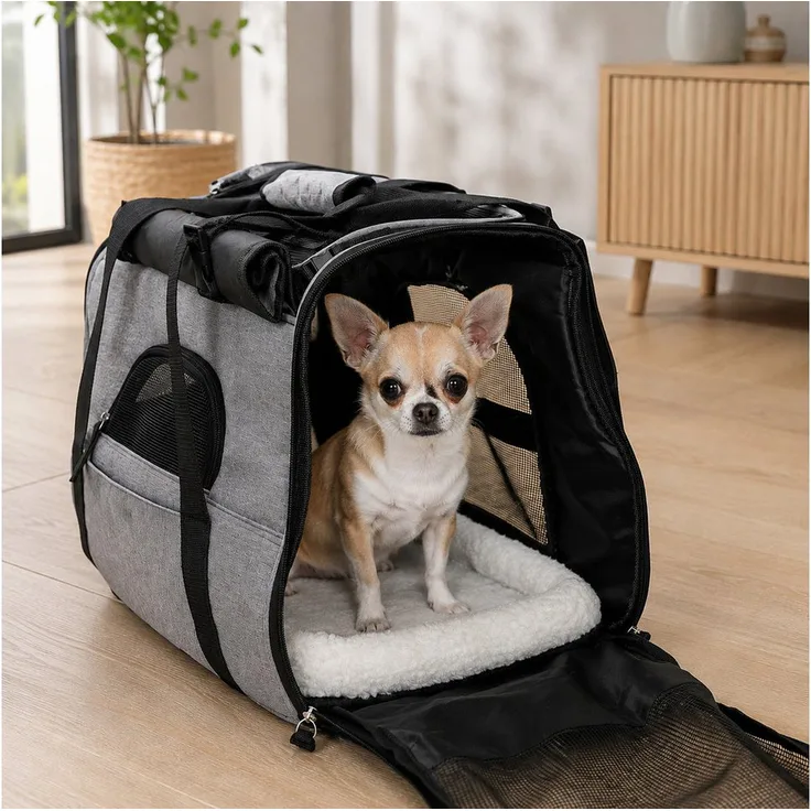 belviona Tiertransporttasche für Katzen & kleine Hunde, faltbar, grau, mit Befestigungsleine, Schultergurt & Liegekissen, bis 10 kg
