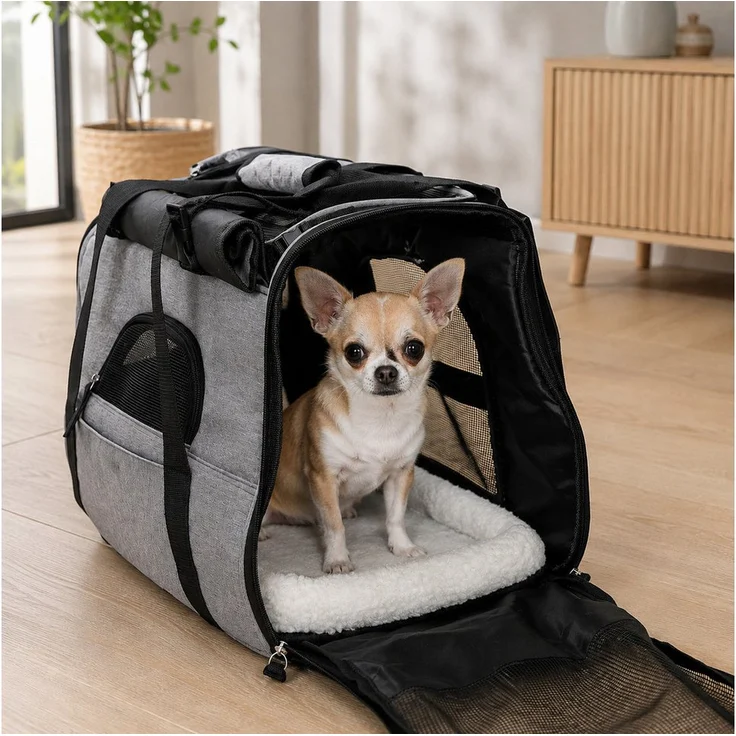belviona Tiertransporttasche für Katzen & kleine Hunde, faltbar, grau, mit Befestigungsleine, Schultergurt & Liegekissen, bis 10 kg