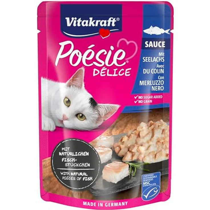 Vitakraft Poésie Délice, Katzennassfutter in Sauce mit MSC-zertifiziertem Seelachs, ohne Zucker und Getreide, Vorratspackung (23x 85g) – Bild 3