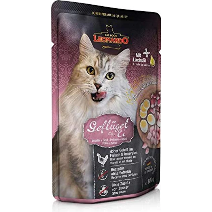 Leonardo Nassfutter für Katzen im Frischebeutel, Geflügel + Ei, 16x85g, ohne Zucker, mit Lachsöl – Bild 2