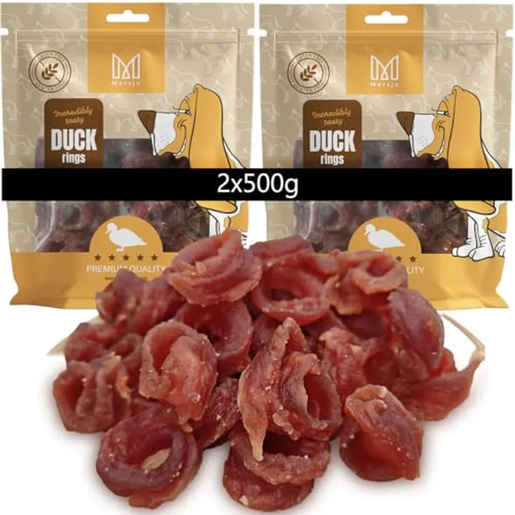 MERSJO Hundeleckerlis Duck Rings, 95% Entenfleisch, Getreidefrei, 2x500g, proteinreich und fettarm, glutenfrei