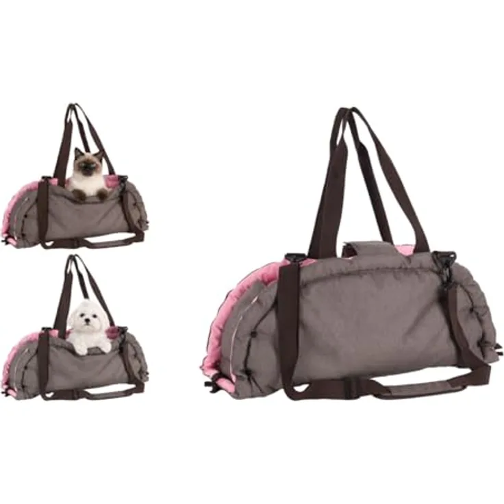 Flamingo Hundetasche Xenos Taupe, 2-in-1 Tragetasche und Liege, 62x26x28cm, Polyester mit Faserfüllung, verstellbare Schulterriemen, inklusive Aufbewahrungstasche