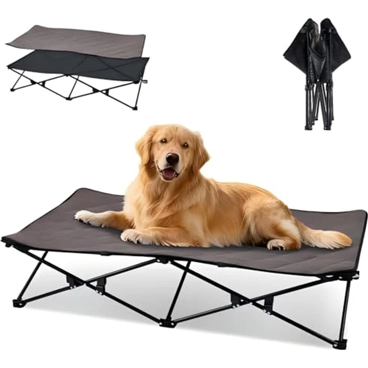 KingCamp Erhöhtes Hundebett, Outdoor-Hundeliege mit atmungsaktivem Mesh, Wildledermatte und rutschfesten Füßen, 132 x 68 x 29 cm, Schwarz – Bild 1