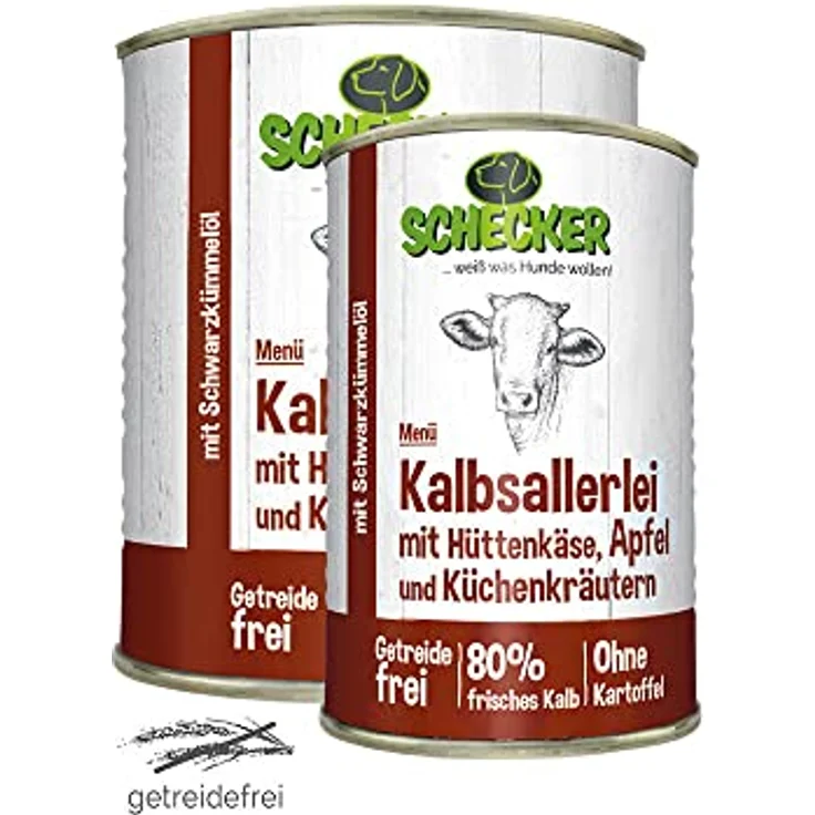 Schecker Hundemenü vom Kalb mit Hüttenkäse, Apfel und Kräutern - getreidefrei, mit Schwarzkümmelöl, 12 x 410 g – Bild 4