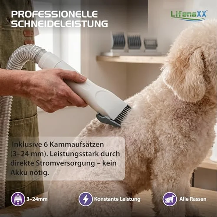 Lifenaxx Haustierpflege Set LX-052, 6-in-1 Tierhaarschneider mit Vakuumfunktion, leise, für Hunde & Katzen, inkl. HEPA-Filter, Trimmer, Entfilzungsbürste und Massageaufsatz – Bild 5