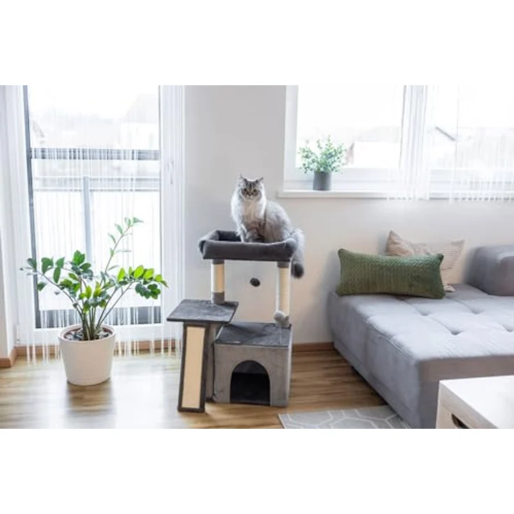 Kerbl Pet Kratzbaum Rosalie, grau, 76 cm, mit Kuschelbett und Spielbällen aus Plüsch, stabiler Holz-Katzenkratzbaum für Katzen und Kitten – Bild 3