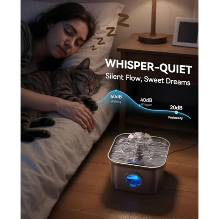 FEELNEEDY 2.8L Katzenbrunnen Edelstahl mit 4-stufigem Filtersystem, ultra-leiser Pumpe und LED-Beleuchtung – Bild 5