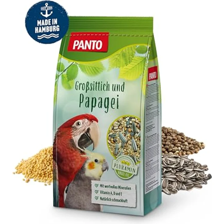 PANTO Großsittich- und Papageienfutter mit Pluramin, 4x2,5 kg - Bunte Saatenmischung mit Sonnenblumenkernen für vitale Ziervögel – Bild 1