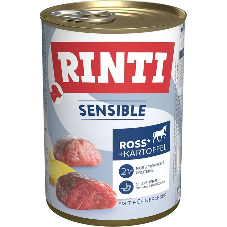 Rinti Sensible Ross und Hühnerleber mit Kartoffeln, Hunde-Nassfutter für nahrungssensible Hunde, 6x400g