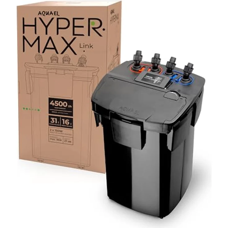 Aquael Filtro Hypermax Link, Aussenfilter für Süsswasser bis 1500 l, integriertem Heizsystem und 4500 l/h Durchflussrate, schwarz – Bild 1