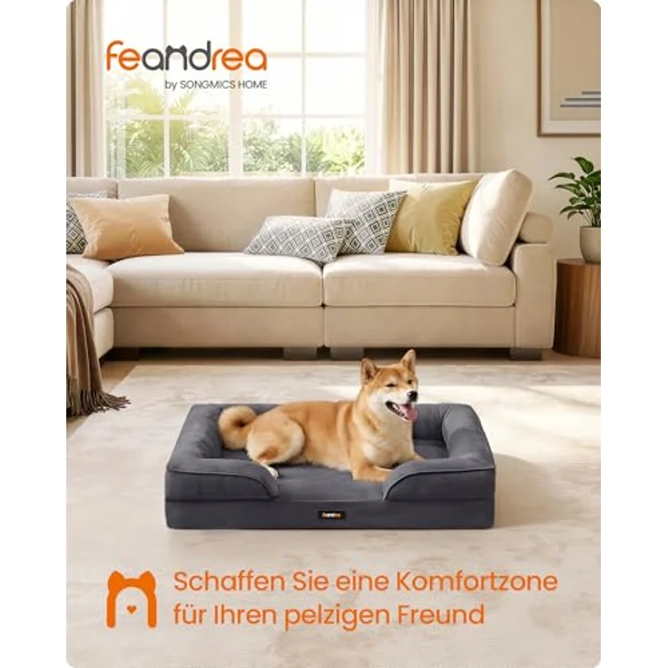 Feandrea Orthopädisches Hundebett PGW322GN01, L, Noppenschaumstoff, erhöhter Rand, abnehmbarer Bezug, waschbar, rutschfest, wasserabweisend, schiefergrau, 89 x 63 x 16 cm – Bild 2