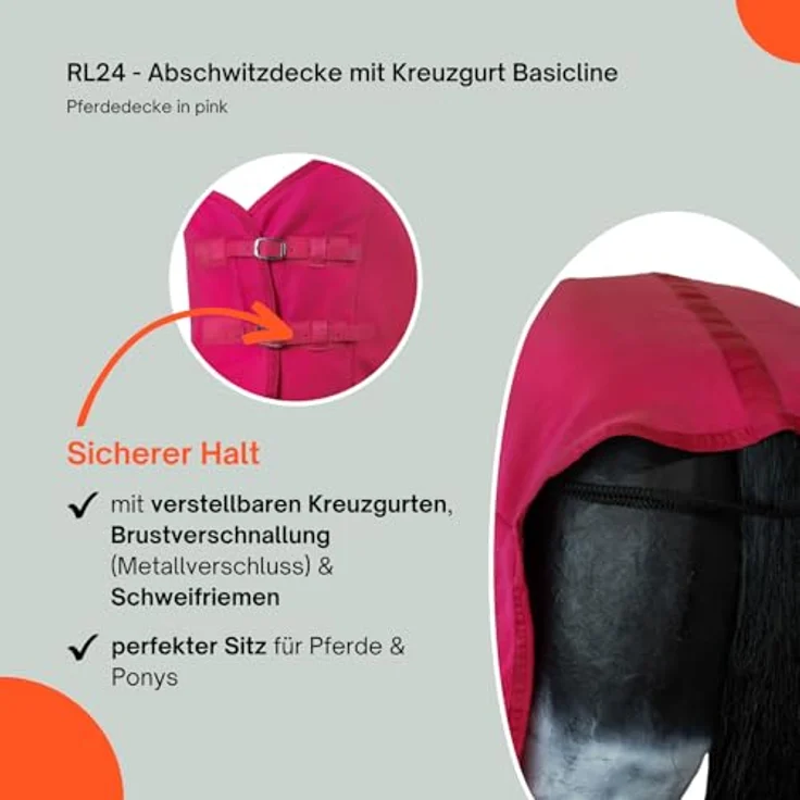 RL24 Abschwitzdecke BASICLINE, atmungsaktiv mit Kreuzgurt, pink, 165cm – Bild 4