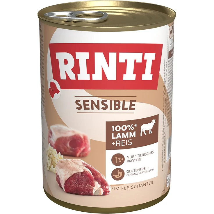 Rinti Sensible Lamm und Reis, Hunde-Nassfutter, 12x400g, ohne Getreide, frei von künstlichen Farbstoffen