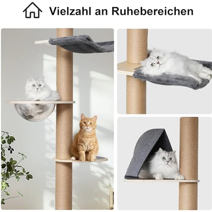 FUKUMARU Kratzbaum 6 Etagen, wandmontierter Katzenturm aus natürlichem Gummibaumholz, mit transparenter Raumkapsel und Hängematte, höhenverstellbar 220-300cm, grau – Bild 3