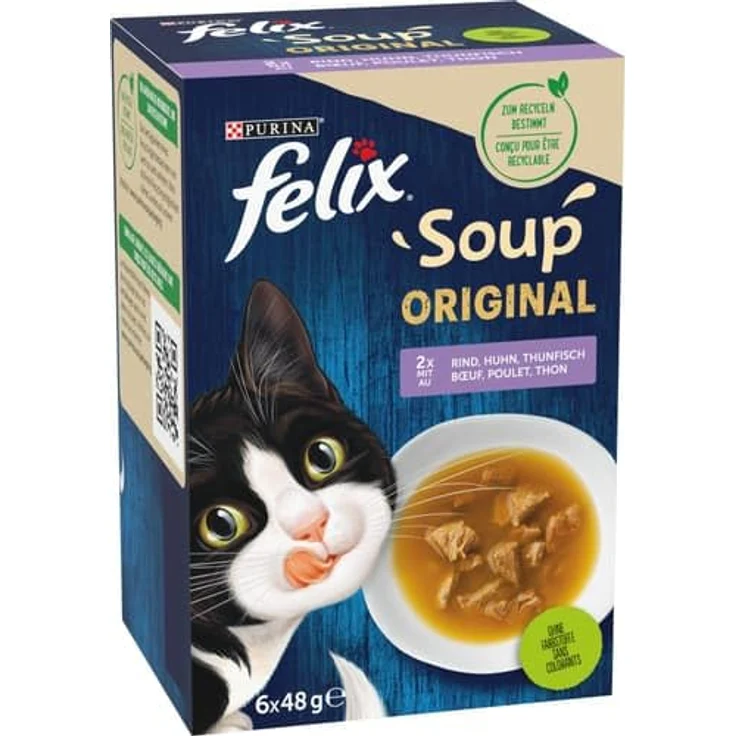 Felix Soup Suppe, 6x48g für Katzen, Geschmacksvielfalt Rind, Huhn & Thunfisch, ohne künstliche Zusatzstoffe