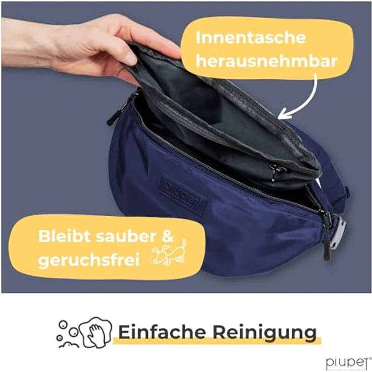 PiuPet® Leckerlitasche für Hunde, Wasserdichte Gassitasche mit 3 Reißverschlussfächern, 2-in-1 Bauchtasche und Umhängetasche, herausnehmbare Innentasche, Blau – Bild 2