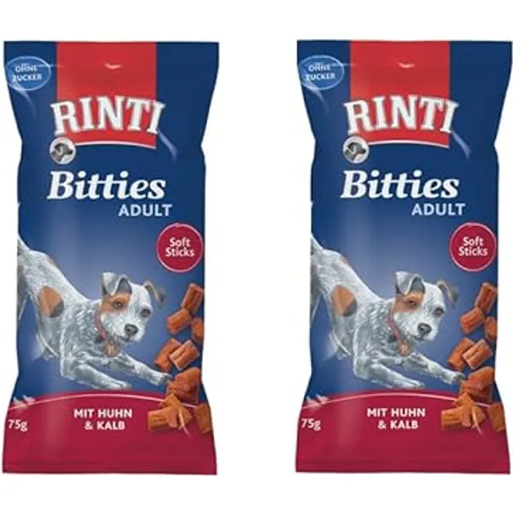 Rinti Bitties Adult Huhn & Kalb, Doppelpack, 2 x 75 g, weiche Hundeleckerli mit 95% Fleisch, ohne Zucker, mit Omega 3