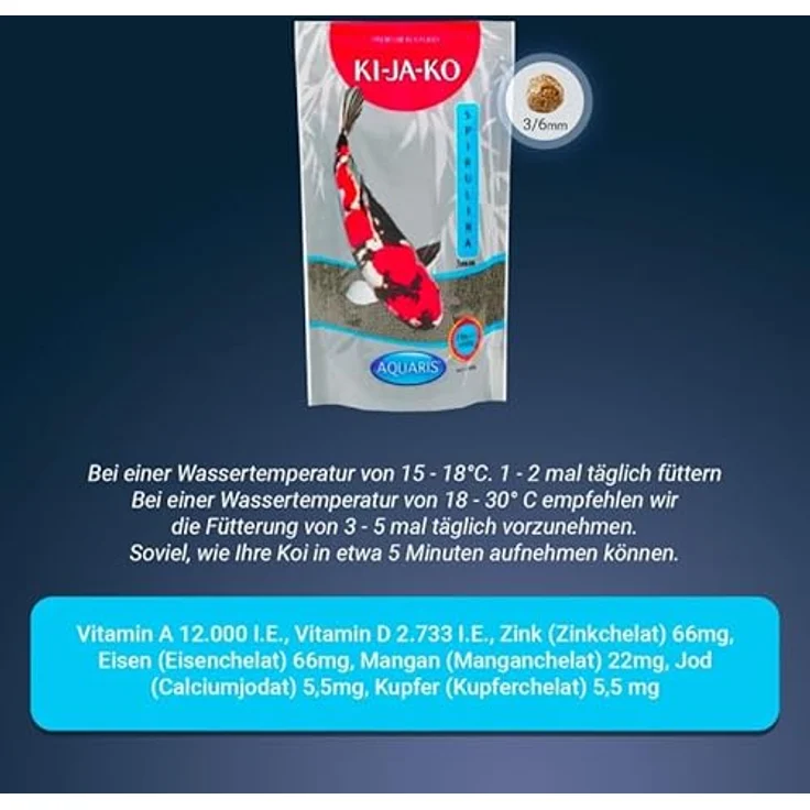 KI-JA-KO Spirulina Plus Koi Fischfutter, farbverstärkendes Carotinoid-reiches Futter mit Capsanthin und Astaxanthin, 1 kg / 3 mm, für intensivere Farben und gesundes Immunsystem – Bild 3