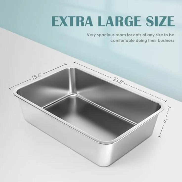 IKITCHEN Große Katzentoilette Edelstahl, Litter Box für Katzen und Kaninchen, 60×40×15cm, rostfrei, geruchsfrei, antihaftbeschichtet, rutschfester Gummiboden – Bild 2