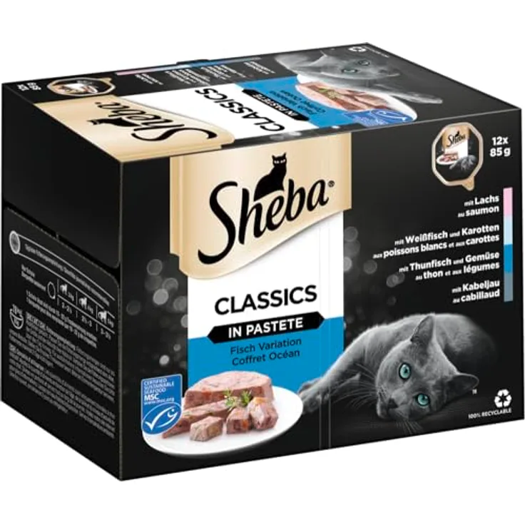 Sheba Classics in Pastete, Katzenfutter, 12x85g mit Lachs, Kabeljau, Thunfisch & Gemüse, Weißfisch & Karotten