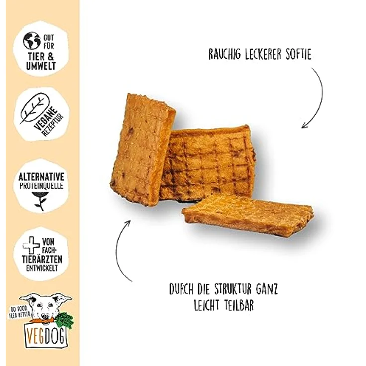 VEGDOG Jerkeys hypoallergener Hundesnack, 100% vegan mit Buchenholz Rauch, 9 x 80 g, glutenfrei, für Allergiker mit Karotte und Gemüse – Bild 2