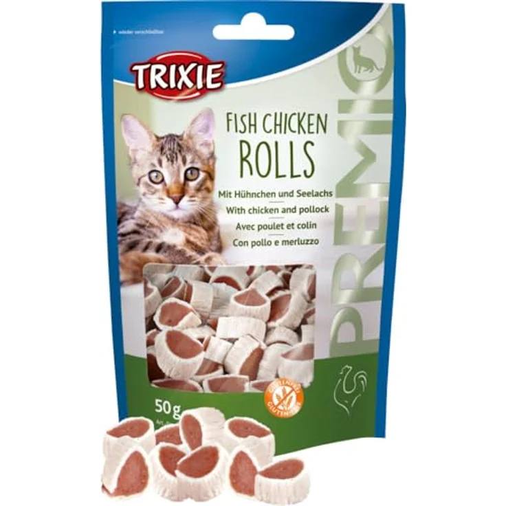 TRIXIE TX-42702 PREMIO Fish Chicken Rolls, glutenfreier Katzensnack mit Huhn & Lachs, 50g – Bild 1