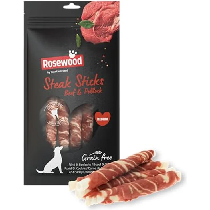 Rosewood Steak Sticks Rind & Seelachs, Kausnack aus Rinderhaut für Hunde, unterstützt die Zahnpflege, ohne Getreide, 4 Stück, 90 g