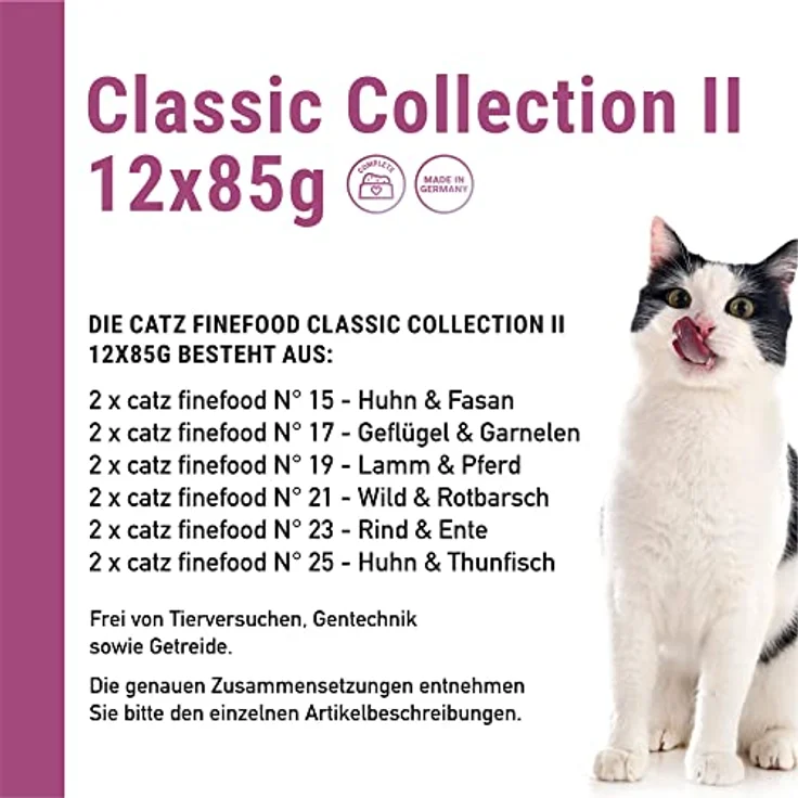 catz finefood Multipack 2, 12 x 85g Beutel, Feinkost Katzenfutter nass, Sorten Mix-Paket 2 mit Huhn, Thunfisch, Rind, Rotbarsch, Lamm, Garnelen, Wild, ohne künstliche Zusätze – Bild 4