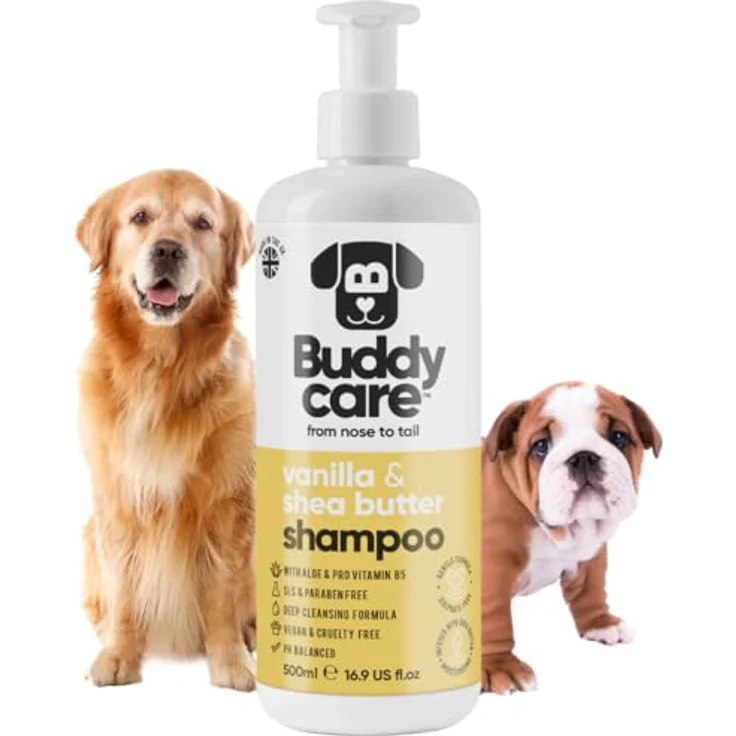 Buddycare Vanille- & Sheabutter-Hundeshampoo, feuchtigkeitsspendend mit Aloe Vera und Pro-Vitamin B5, 500ml – Bild 1