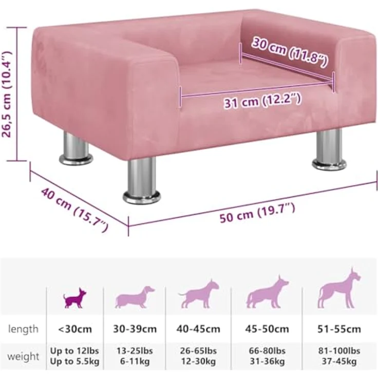 vidaXL Hundekorb Hundebett Rosa 50x40x26,5 cm Samt Körbchen Hundesofa mit massivem Kiefernholzrahmen – Bild 3