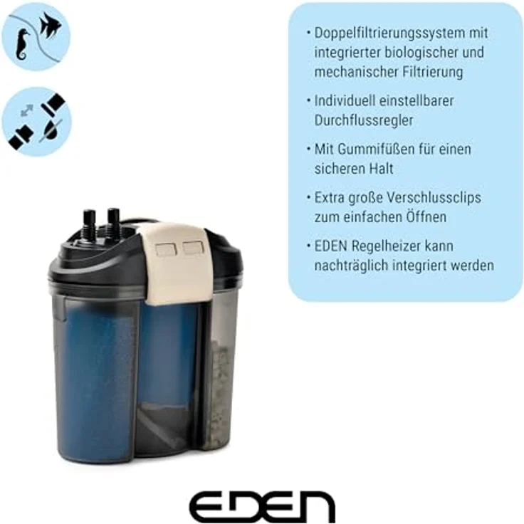 Eden 94072 FES 200 Außenfilter, geräuscharmes Doppelfiltersystem für Aquarien bis 200 Liter, energieeffizient und platzsparend – Bild 2