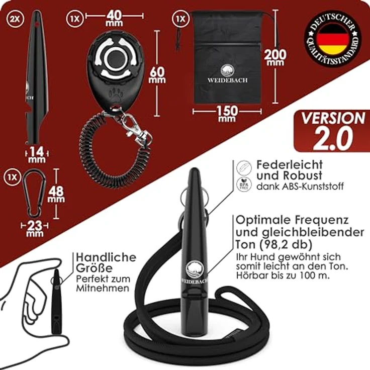 Weidebach® 2X verbesserte Hundepfeife, stabiler & lauter Ton, inkl. Clicker und verstellbarem Umhängeband – Bild 4