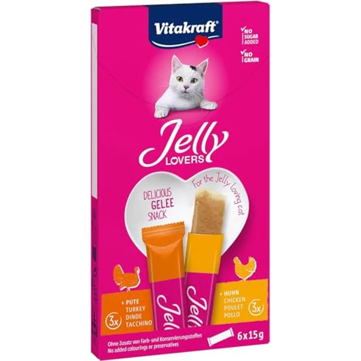 Vitakraft Jelly Lovers, Gelé Katzensnack mit Huhn und Pute, getreidefrei, ohne Zucker, 6x15g Sticks
