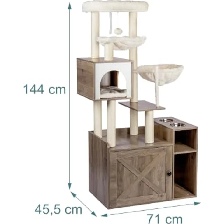 Relaxdays Kratzbaum Katzenkloschrank mit Magnettür, Sisal & Höhle, Holzoptik-Weiß, inkl. 2 Näpfen und Plüschball – Bild 4