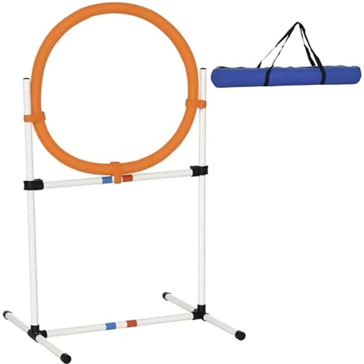 PawHut Agility Sprungring, 2-in-1 Agility Ring und Stangenhindernis mit Tragetasche, Kunststoff, 74,5 x 66 x 91 cm, Weiß+Orange