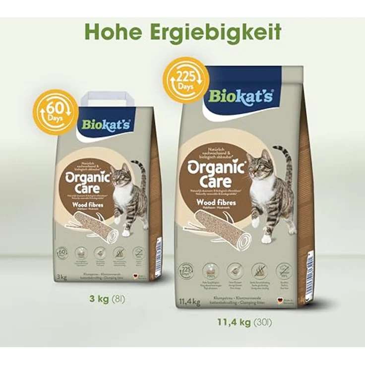 Biokat's Organic Care Wood fibres, Katzenstreu aus natürlichen Holzfasern, 11,4 kg (30 L), stark saugfähig, nahezu staubfrei – Bild 5