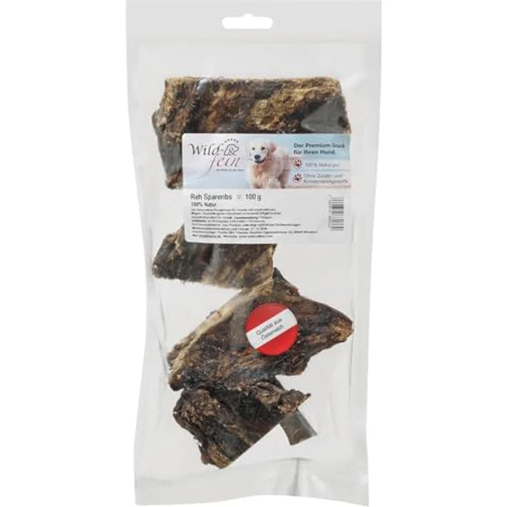 Wild & Fein Rehrippen 100 g, Spareribs für Hunde, schonend luftgetrocknet und 100% naturbelassen – Bild 1