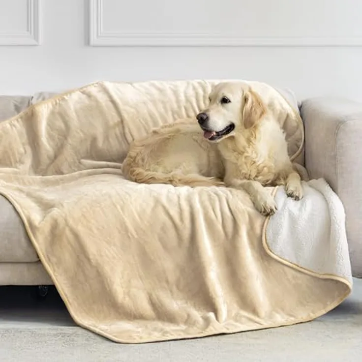 Dreamzie wasserdichte Decke 127x152 cm, Reversible Hundedecke aus Sherpa-Fleece, pflegeleicht und waschbar, beige
