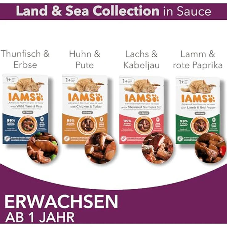 IAMS Delights Land & Sea Collection, Nassfutter für Katzen ab 1 Jahr, Multipack mit 12 x 85 g - 4 Fleisch- und Fischsorten in Sauce, 99% tierische Proteine – Bild 3