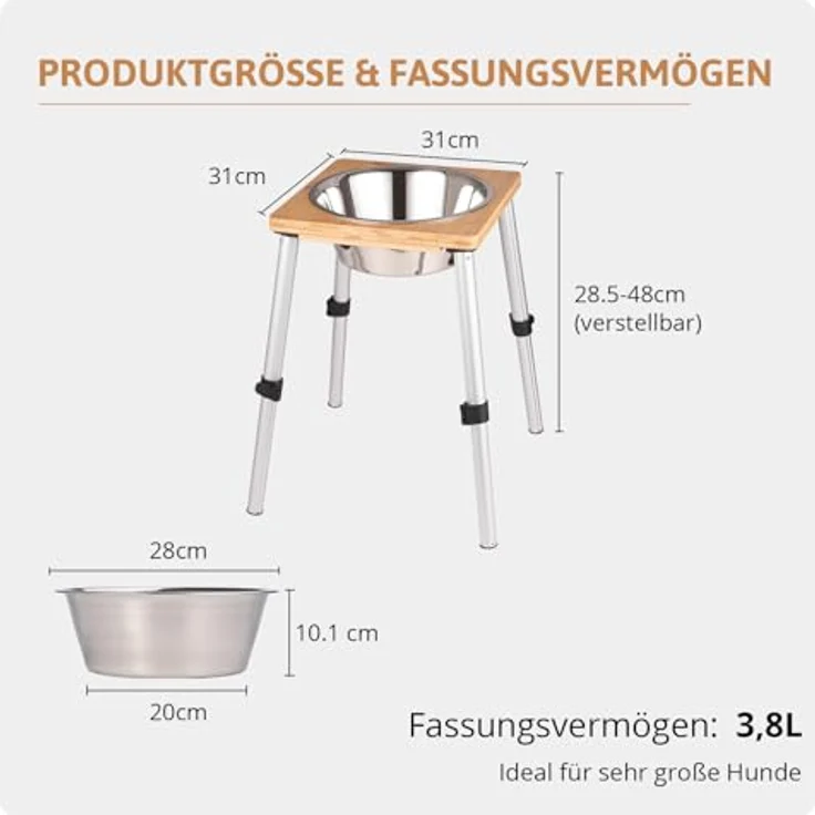 PEGGY11 Edelstahlnapf für Hunde, 3,8 L, erhöhter Wassernapf mit rutschfesten Standfüßen und verstellbarem Bambusständer für große Hunde – Bild 2