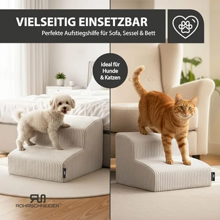 Rohrschneider Hundetreppe für kleine Hunde, rutschfest mit waschbarem Cordbezug, Schaumstofffüllung, beige, Made in EU – Bild 2